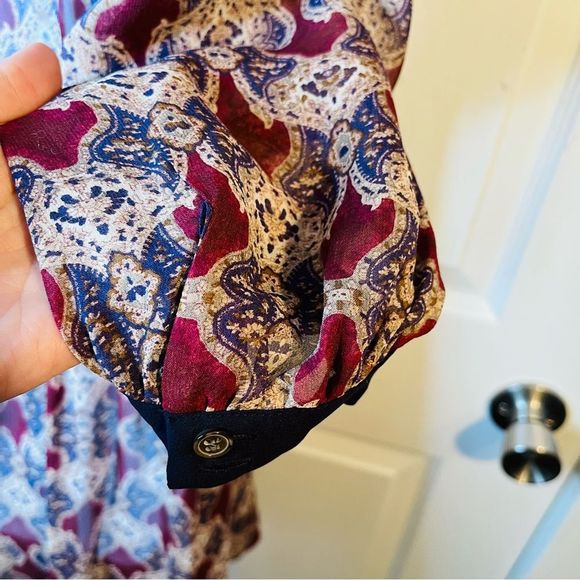 Club Monaco Sheer Silk Micro Pleat Front Drop Waist Dress Maroon Navy 4 - Picture 6 of 9